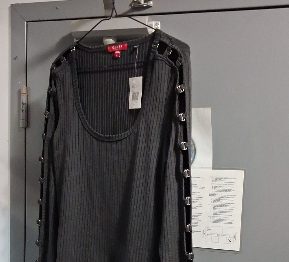 Guess Black Ribbed Long Sleeve Top with Side Ring Detail